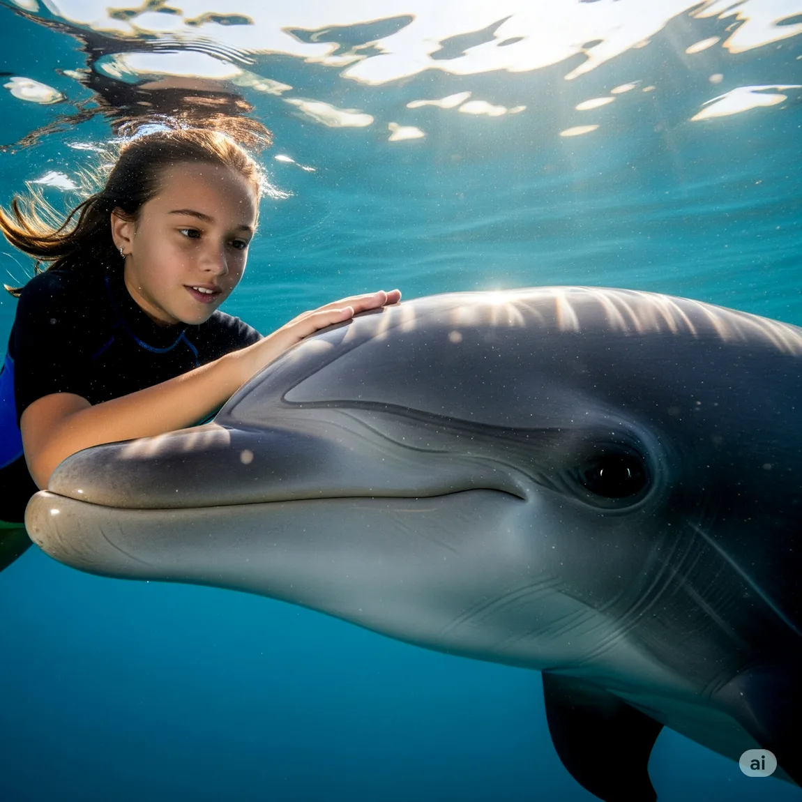 Biodiversité - échange d'une jeune fille et d'un dauphin